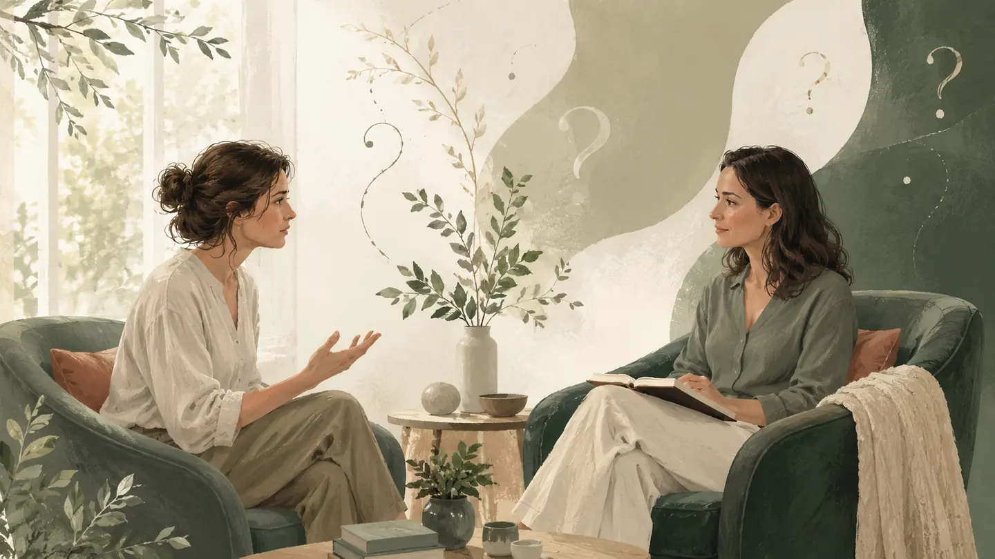 Ilustración de una conversación terapéutica con preguntas frecuentes