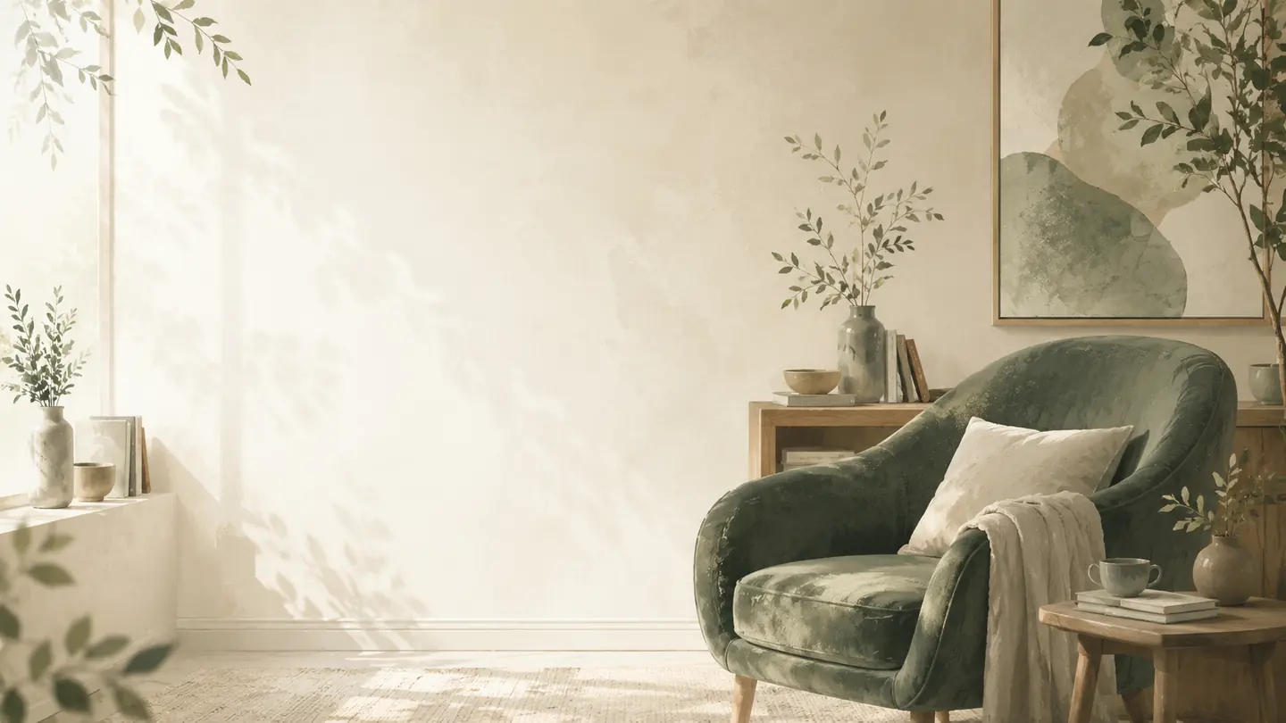 Consultorio cálido con naturaleza y sillón para acompañamiento terapéutico